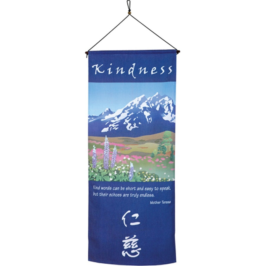 Kindness Banner Scroll displaying an inspiring quote by Mother Teresa in English and Chinese, elegantly hanging from a wooden rod.