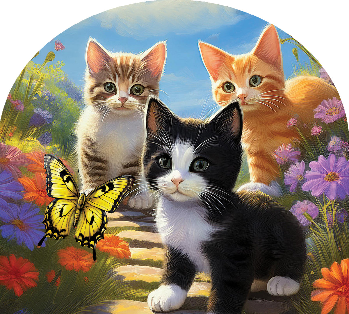 Kittens and Butterflies Arbor Mate decorative panel displayed in a garden, featuring playful kittens and colorful butterflies in a vibrant design.