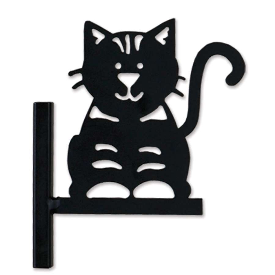 Kitty Flag Finial on top of a garden flag pole featuring a whimsical cat design, adding charm to an outdoor garden display.