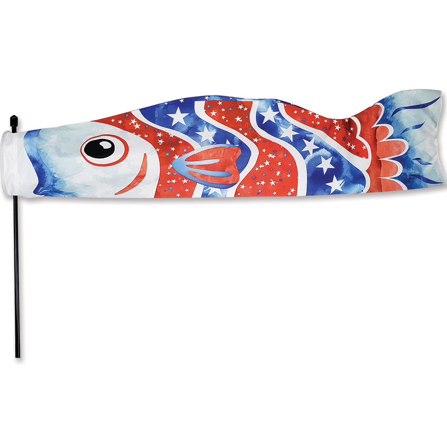 Vibrant 6-ft Koi Directional Windsock in a colorful koi fish design rotating gracefully in the garden, showcasing wind direction.