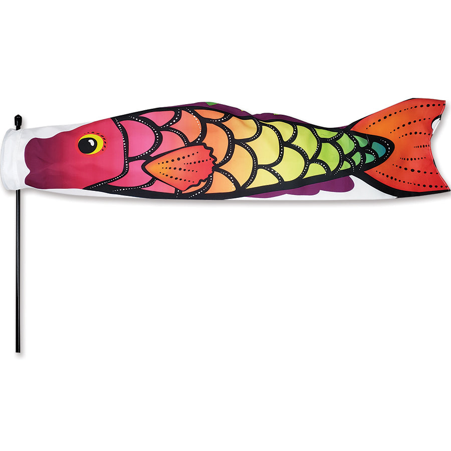 Koi Directional Windsock stands 6 feet tall in an outdoor setting, showcasing a vibrant koi fish design that gracefully rotates in the breeze.
