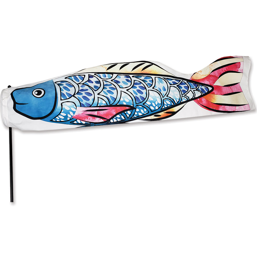 Koi Directional Windsock, a 6-foot vibrant fish design, displayed in an outdoor garden setting, gracefully rotating in the breeze.