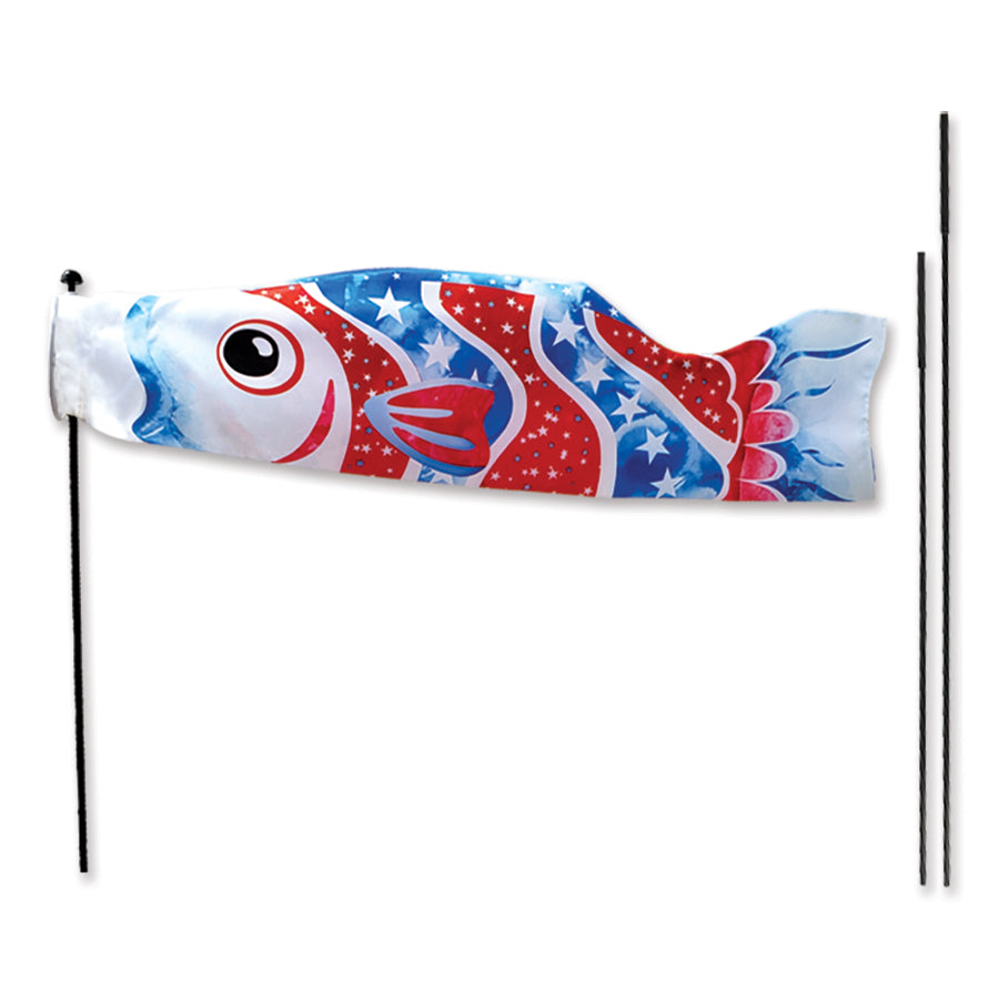 Koi Windsock Bike Flag featuring a colorful fish design, measuring 10.5x36.75 inches, attached to a sturdy pole on a bicycle.