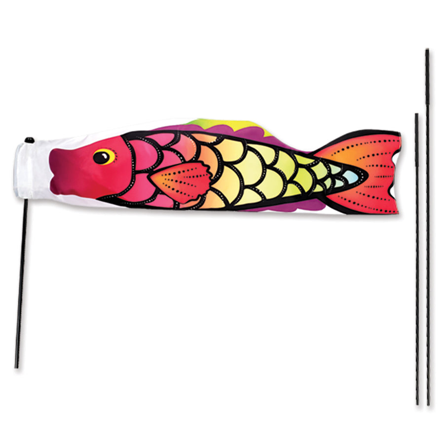 Koi Windsock Bike Flag displays a colorful tropical fish design, mounted on an upright extra stiff fiberglass pole while riding outdoors.