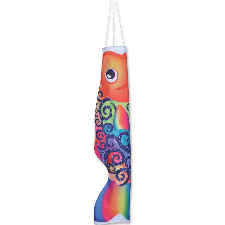 Koi Windsock - Rainbow Swirl hanging outdoors, showcasing colorful koi fish design fluttering in the wind against a blue sky.