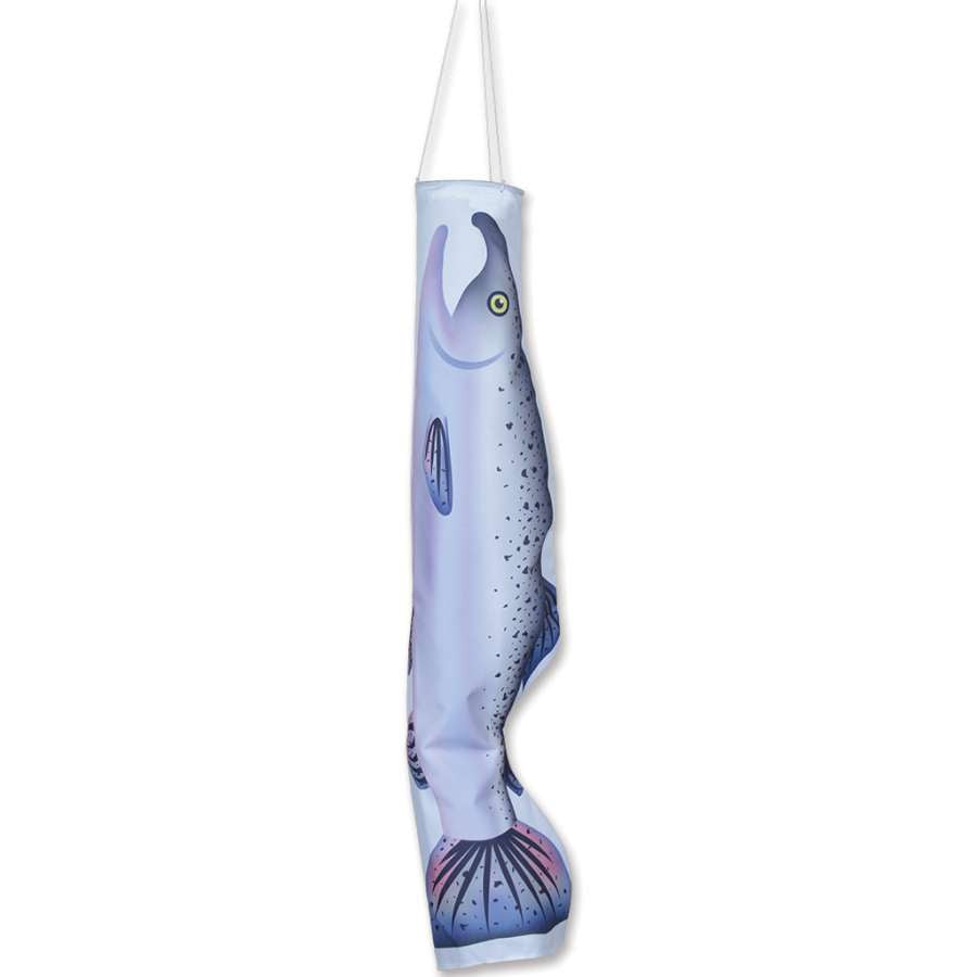 Koi Windsock designed to look like a salmon-colored koi fish, swaying in the breeze in a vibrant garden setting, adding charm to the outdoors.