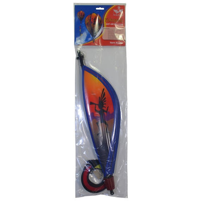 Visualize a colorful Kokopelli Hot Air Balloon spinner measuring 26 inches, elegantly spinning in the breeze, showcasing vibrant Southwest-themed designs against a clear sky.