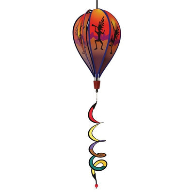 Visualize a colorful Kokopelli Hot Air Balloon spinner measuring 26 inches, elegantly spinning in the breeze, showcasing vibrant Southwest-themed designs against a clear sky.