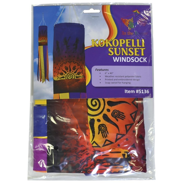 Colorful Kokopelli Sunset 40-inch windsock with embroidered details, fluttering in the breeze, adding vibrant art to outdoor space.