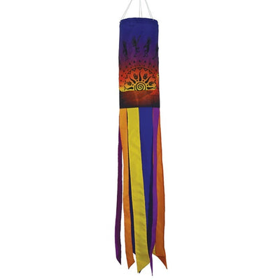 Colorful Kokopelli Sunset 40-inch windsock with embroidered details, fluttering in the breeze, adding vibrant art to outdoor space.