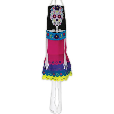 La Catrina 40-inch Breeze Buddy colorful windsock featuring sugar skull design with free-flowing arms and legs, perfect for outdoor Halloween decor.