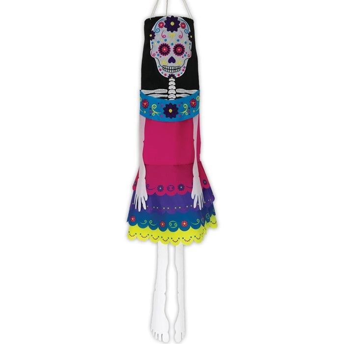 La Catrina 40-inch Breeze Buddy colorful windsock featuring sugar skull design with free-flowing arms and legs, perfect for outdoor Halloween decor.