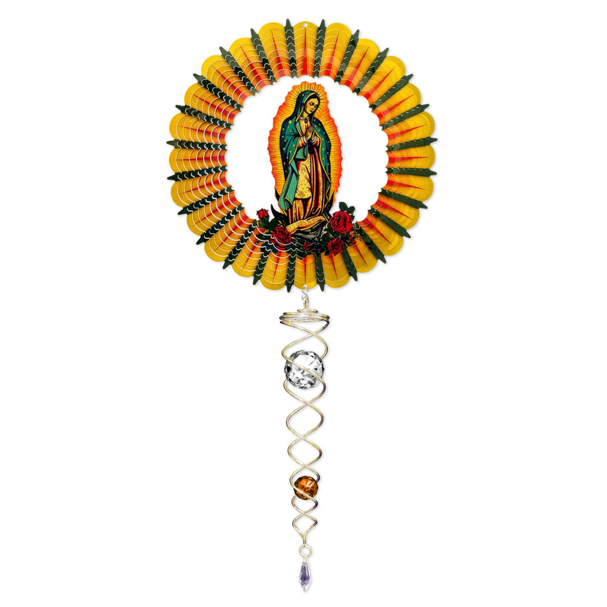 Colorful Lady Guadalupe Mini Set Wind Spinners featuring a vibrant 6.5-inch spinner and 7.5-inch crystal twister displayed in a garden.