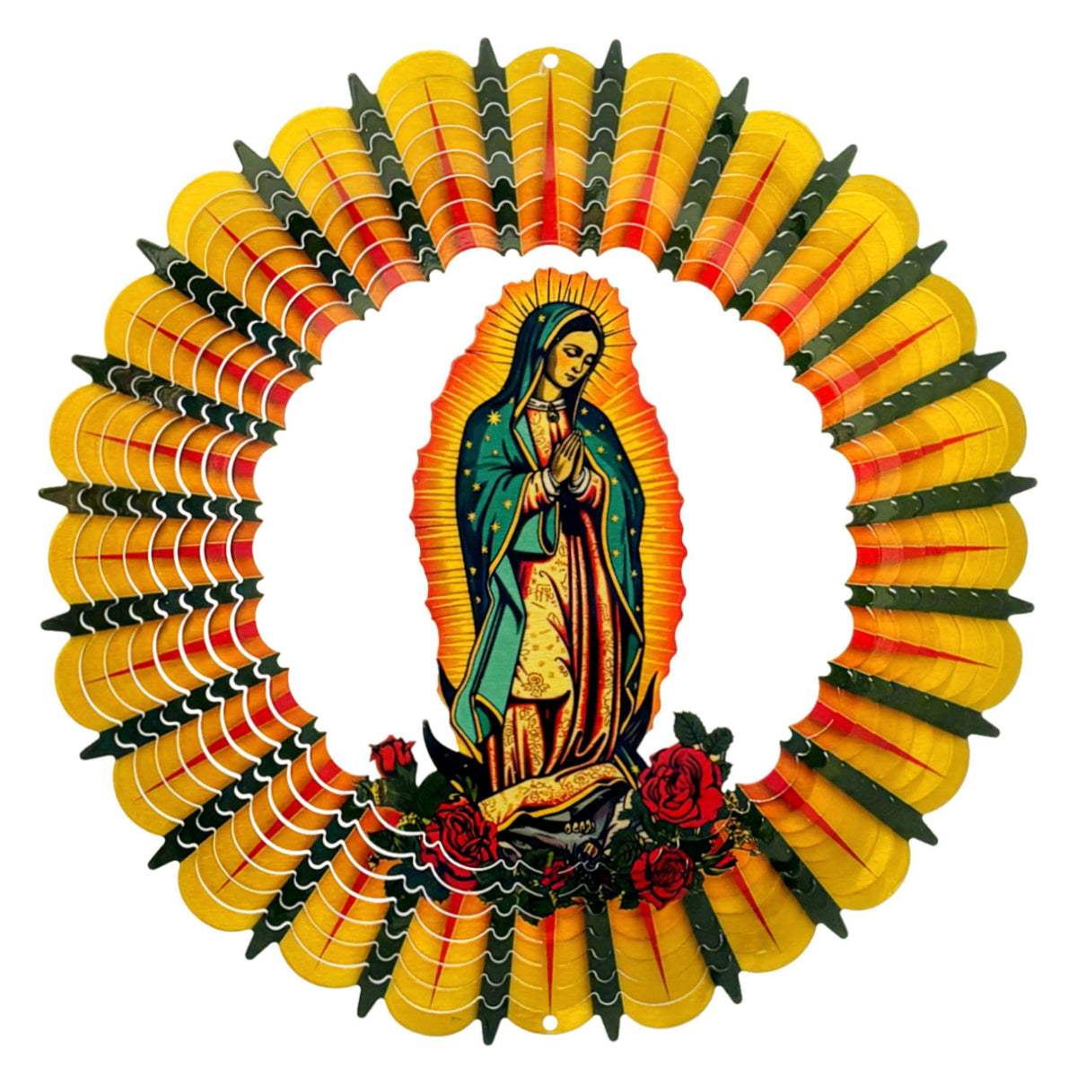 Lady Guadalupe wind spinner, 12-inch colorful design, rotating softly in a garden, enhancing outdoor decor with captivating movement.