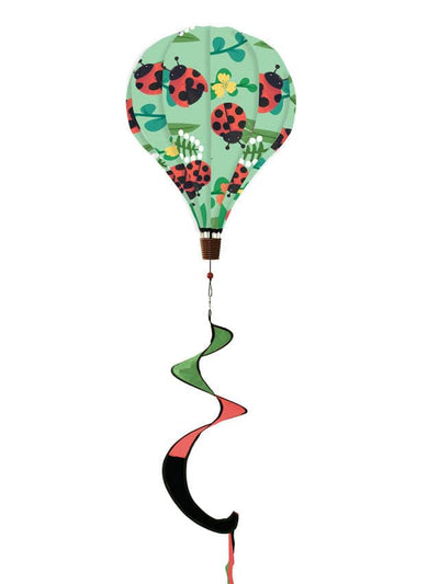 Hot air balloon spinner with bright red ladybugs and florals, made of weather-resistant polyester for fun, breezy spring and summer garden décor.