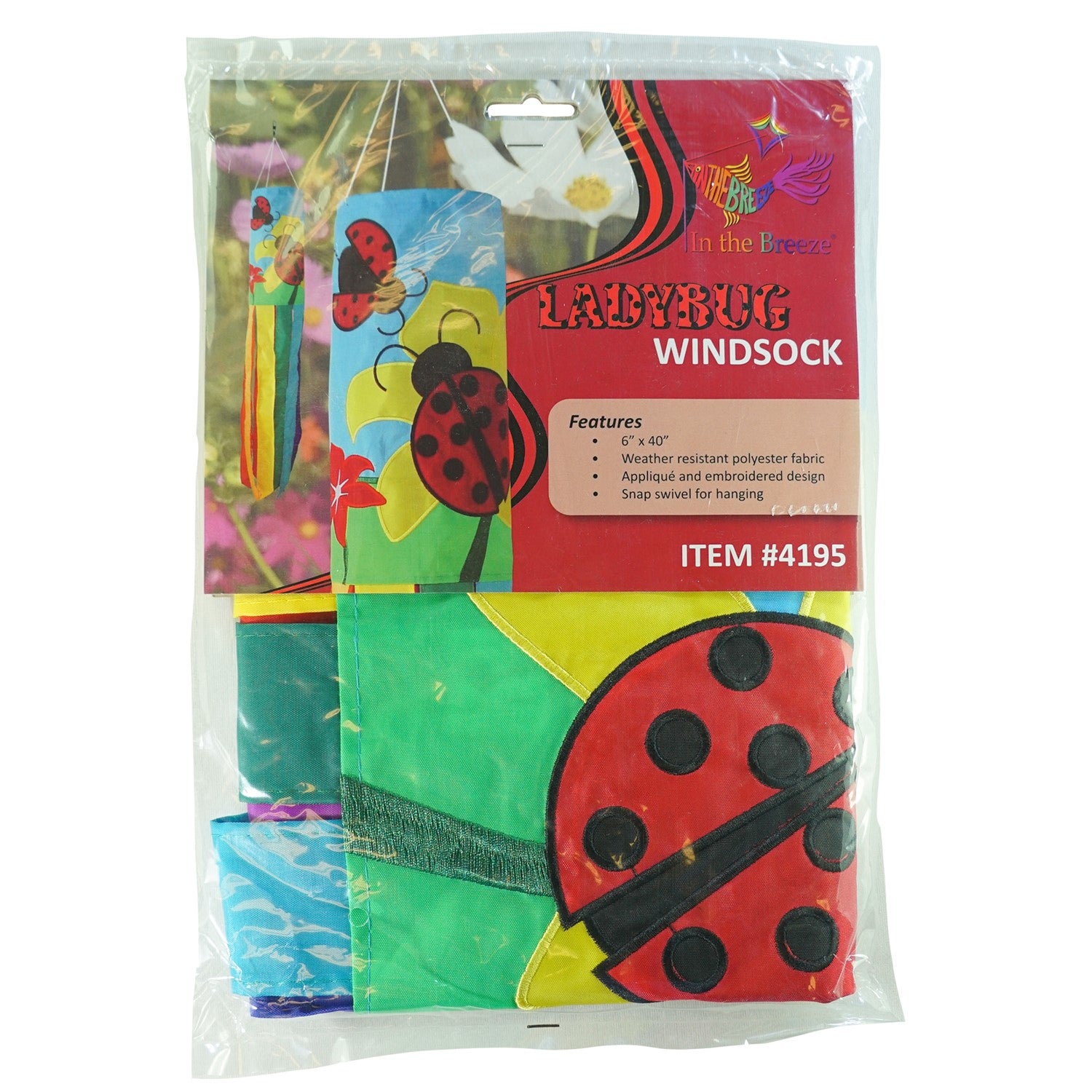 A stunning Ladybug Flower 40" windsock featuring vibrant colors and detailed appliqued graphics, fluttering gracefully with eight coordinating tails.