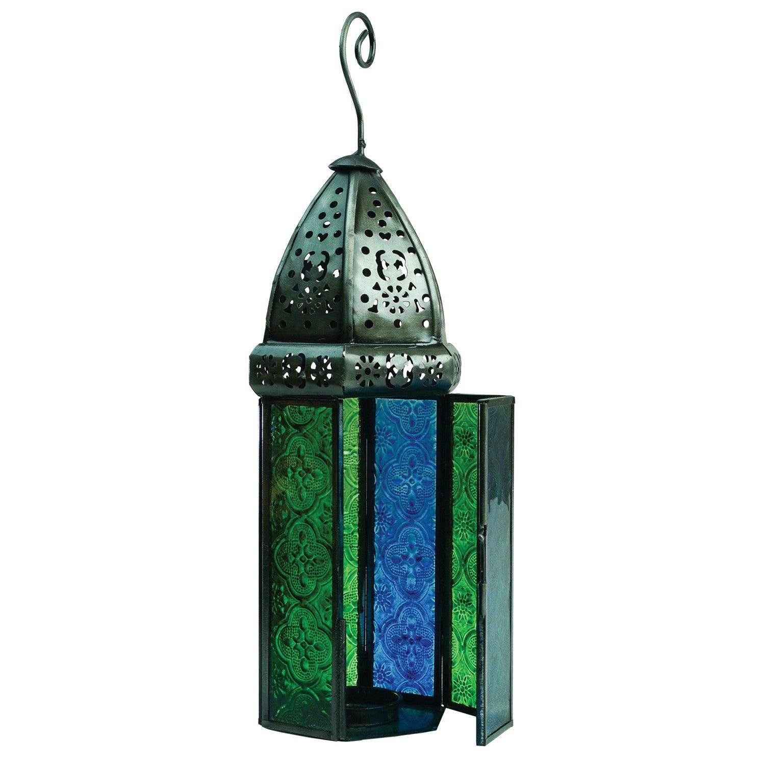 Large Blue & Green Hex Glass Tealight Lantern featuring stamped glass panels and metal frame, hanging gracefully in an outdoor setting.