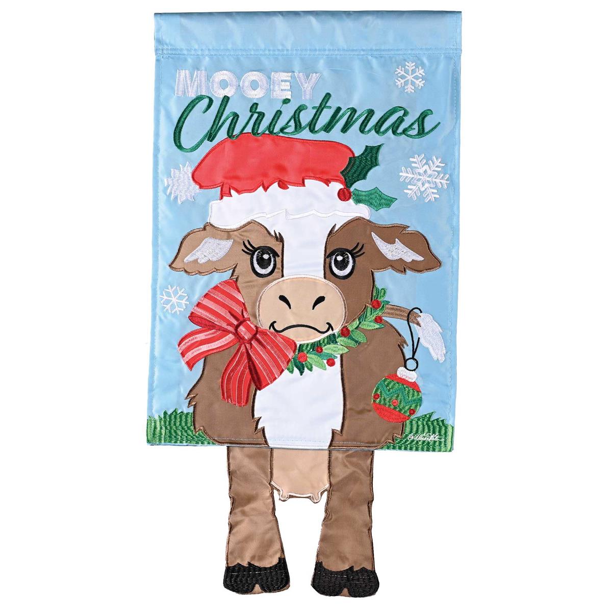 Large Crazy Leg Cow Mooey Christmas Banner Flag with playful dangling legs, featuring a colorful cow design suitable for festive outdoor display.