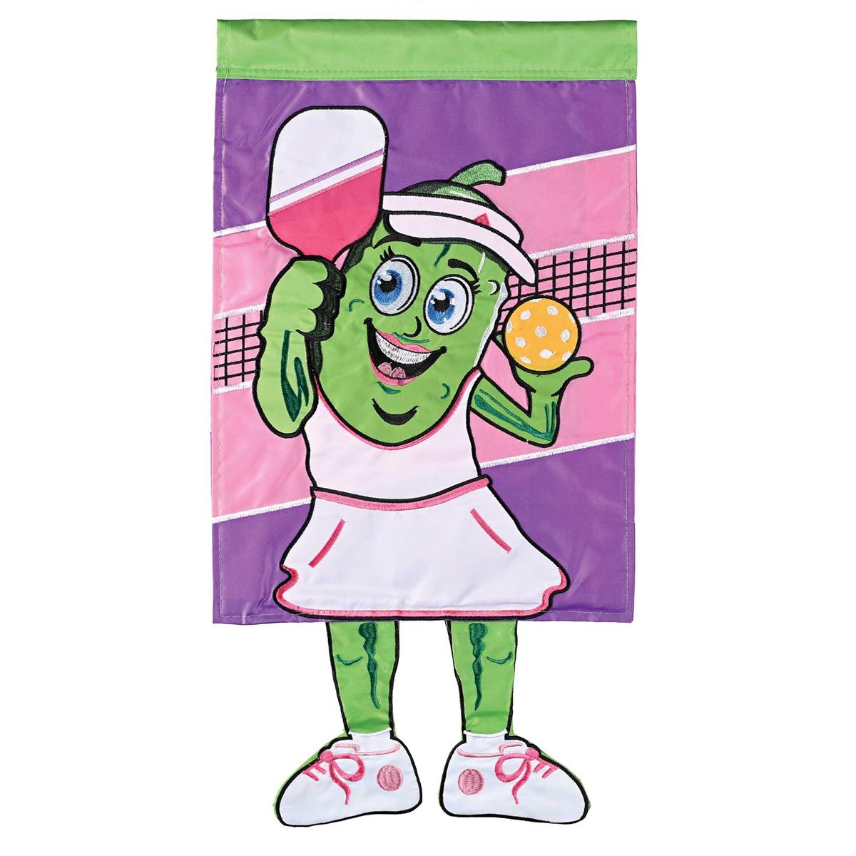 Large Crazy Leg Pickleball Girl Banner Flag, 20x29 inches, colorful design with playful legs hanging, perfect for outdoor display.