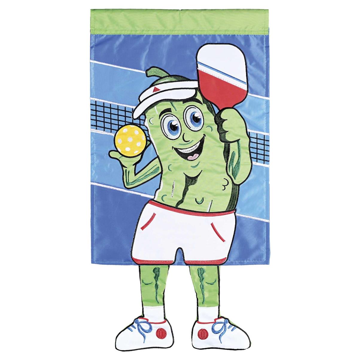 Large Crazy Leg Pickleball Man Banner Flag with colorful design and dangling legs displayed outdoors, capturing a playful spirit in a garden setting.