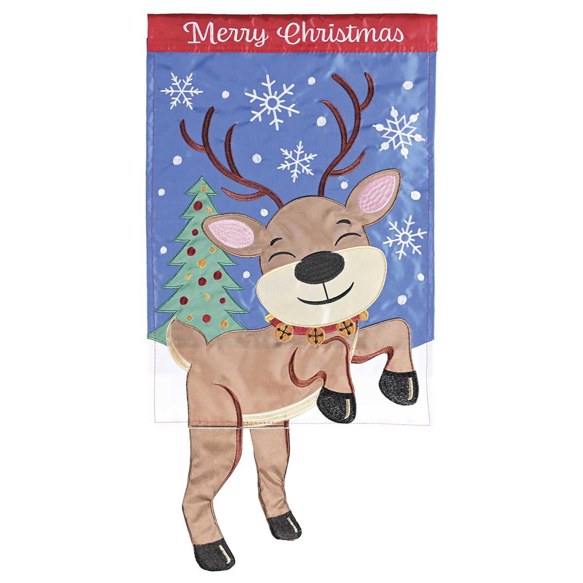 Large Crazy Leg Reindeer Merry Christmas Banner Flag, 20x29 inches, featuring whimsical reindeer legs and double-sided design for outdoor display.