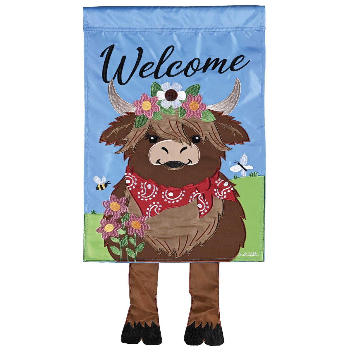 Large Crazy Leg Welcome Highland Cow Banner Flag featuring a whimsical design, double-sided with hanging legs, displayed outdoors.