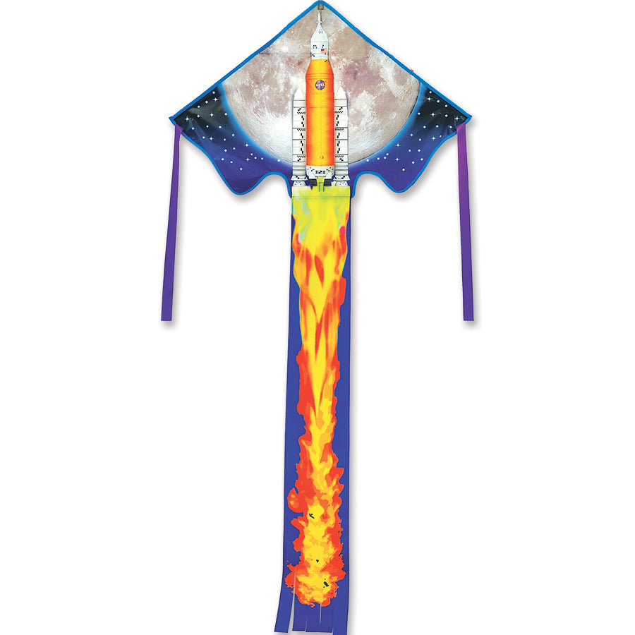 Large Easy Flyer Kite - Artemis featuring vibrant colors and a fibreglass frame flying in the sky, measuring 46 x 90 inches, designed for easy flying.