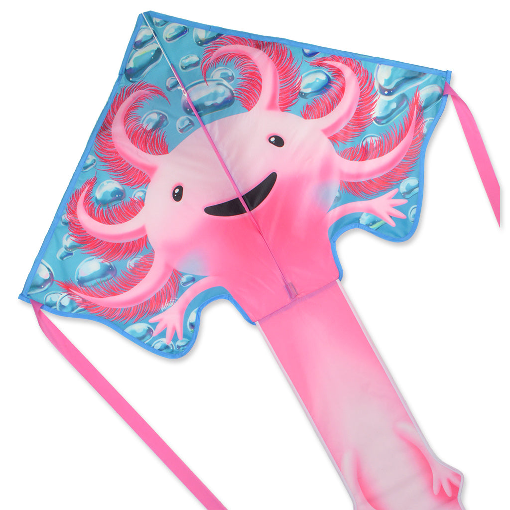 Large Easy Flyer Kite featuring a vibrant axolotl design, durable nylon fabric, and fiberglass frame, soaring effortlessly in the sky.