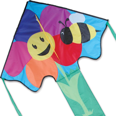 Large Easy Flyer Kite with a vibrant Bee & Flower design soaring in a bright blue sky, perfect for outdoor fun and recreation.