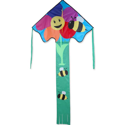 Large Easy Flyer Kite with a vibrant Bee & Flower design soaring in a bright blue sky, perfect for outdoor fun and recreation.