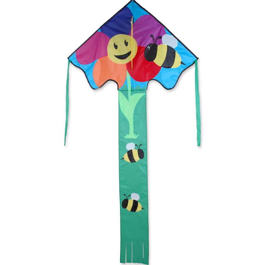Large Easy Flyer Kite with a vibrant Bee & Flower design soaring in a bright blue sky, perfect for outdoor fun and recreation.