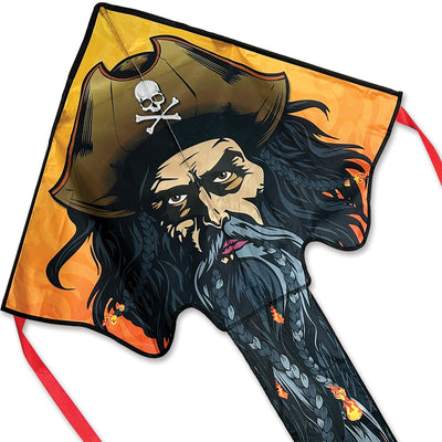 Large Easy Flyer Kite in Blackbeard Pirate design soaring against a blue sky, measuring 46 x 90 inches and perfect for family fun.