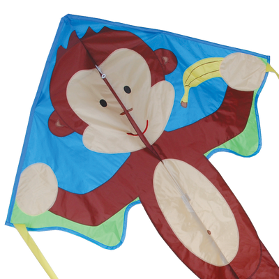 Large Easy Flyer Kite featuring a cheerful monkey design, durable nylon fabric, and fiberglass frame, soaring joyfully in a clear blue sky.
