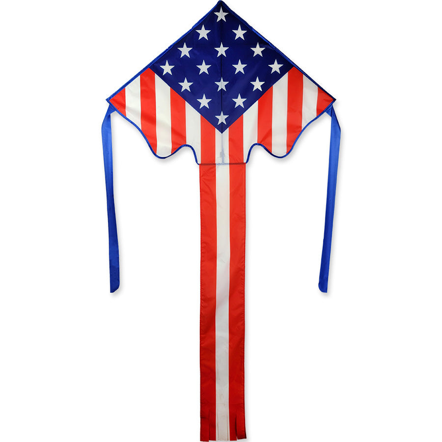 Large Easy Flyer Kite with patriotic stars design soaring in the sky, measuring 46 x 90 inches, displayed during an outdoor kite-flying event.