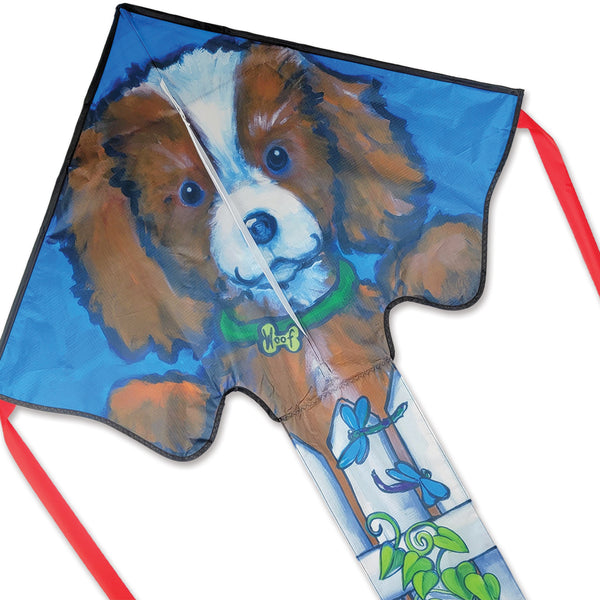 Large Easy Flyer Kite - Puppy on a Fence with playful design, perfect for stable flying in winds from 5 to 18 mph.