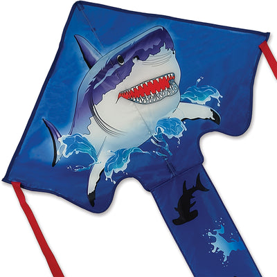 Large Easy Flyer Kite - Shark with vibrant shark design soaring high against a clear blue sky, showcasing its large 46 x 90 in. size.