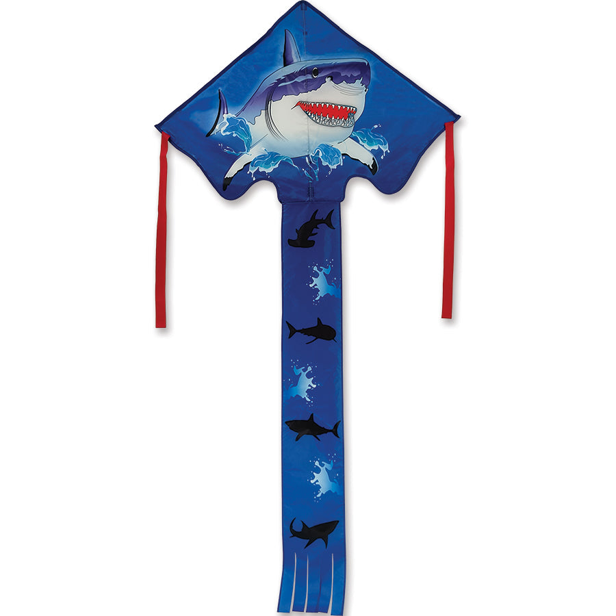Large Easy Flyer Kite - Shark with vibrant shark design soaring high against a clear blue sky, showcasing its large 46 x 90 in. size.