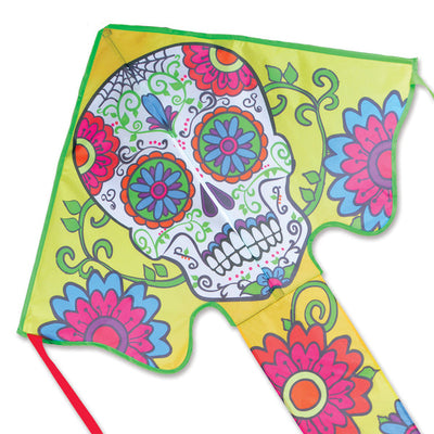 Large Easy Flyer Kite - Sugar Skull Day of the Dead with vibrant design, perfect for stable flying in winds from 5 to 18 mph.