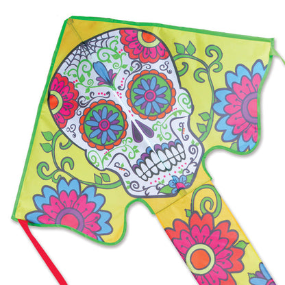 Large Easy Flyer Kite - Sugar Skull Day of the Dead with vibrant design, perfect for stable flying in winds from 5 to 18 mph.