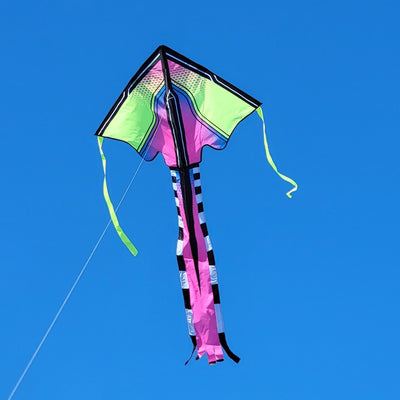 Large Easy Flyer Kite - Tropical Neontech measuring 46x90 inches, soaring in a blue sky during an outdoor event.