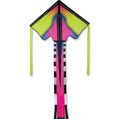 Large Easy Flyer Kite - Tropical Neontech measuring 46x90 inches, soaring in a blue sky during an outdoor event.