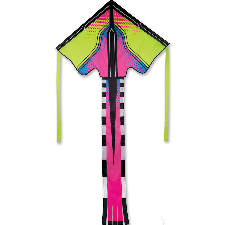 Large Easy Flyer Kite - Tropical Neontech measuring 46x90 inches, soaring in a blue sky during an outdoor event.