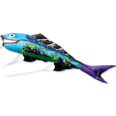 Large Flying Fish Kite - Cool Orbit soaring in a bright blue sky, measuring 11 ft. long, with vibrant colors depicting fish design for outdoor fun.