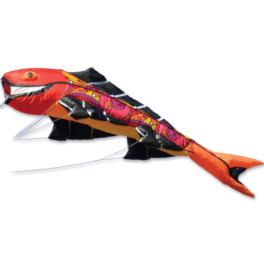 Large Flying Fish Kite - Warm Orbit soaring in the sky, measuring 11 ft. long with a colorful and detailed fish design against a blue background.