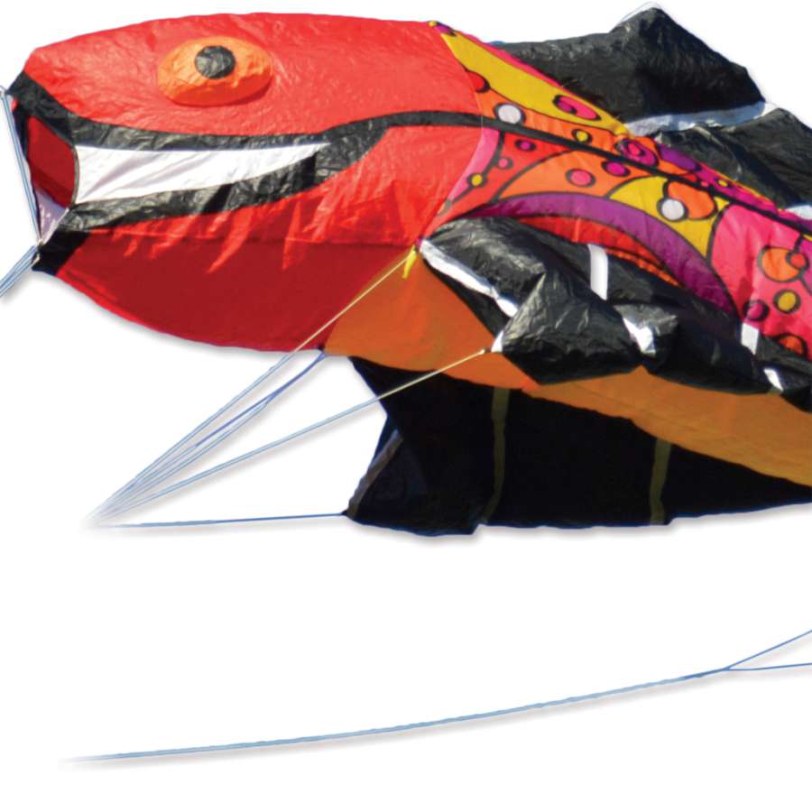 Large Flying Fish Kite - Warm Orbit soaring in the sky, measuring 11 ft. long with a colorful and detailed fish design against a blue background.