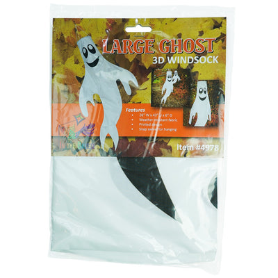 Large Ghost Windsock with a grinning face, made from heavy-weight polyester, fluttering in the breeze, perfect for Halloween and fall decorations.