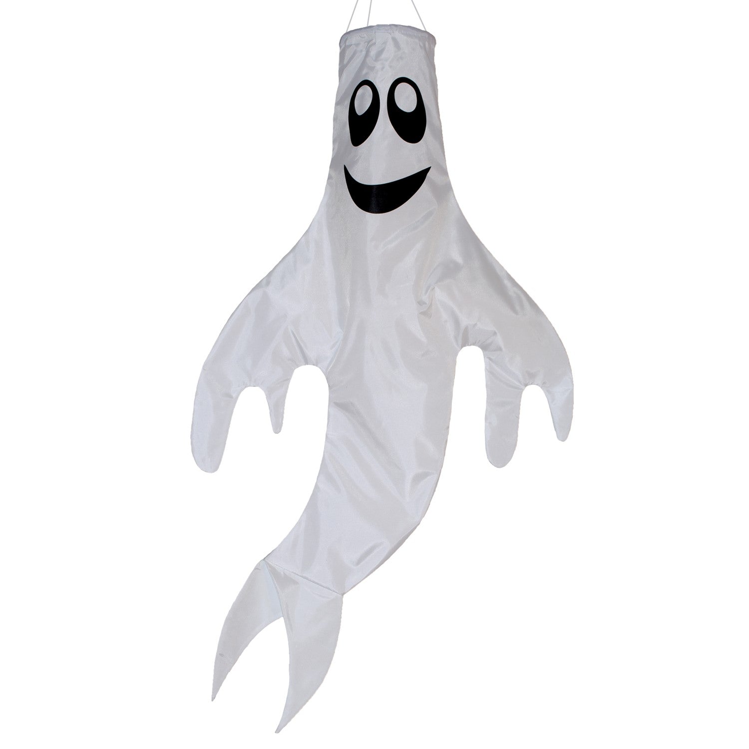 Large Ghost Windsock with a grinning face, made from heavy-weight polyester, fluttering in the breeze, perfect for Halloween and fall decorations.