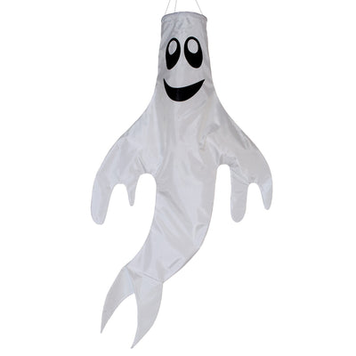 Large Ghost Windsock with a grinning face, made from heavy-weight polyester, fluttering in the breeze, perfect for Halloween and fall decorations.