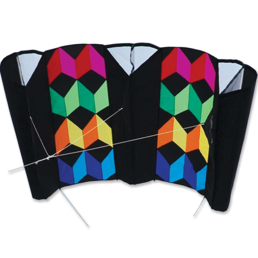 Large Power Sled 24 Kite - Rainbow Illusion soaring through the sky, showcasing vibrant rainbow colors while flying against a backdrop of blue.