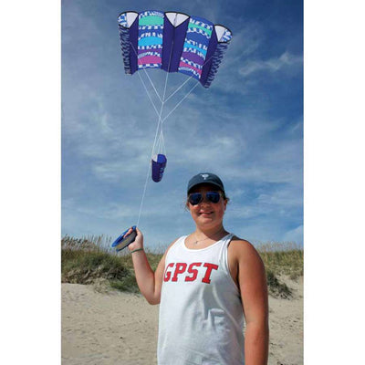 Large Power Sled 24 Kite featuring colorful ripstop polyester design flying high in a clear blue sky, measuring 95 x 44.5 inches.